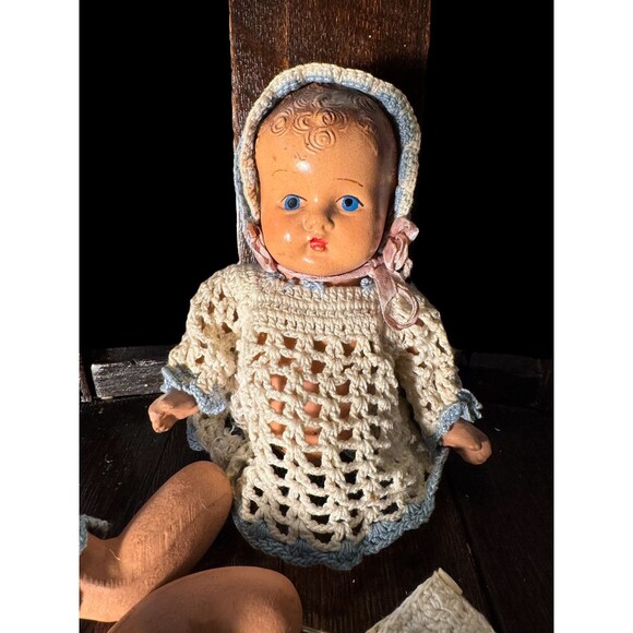 Vintage Composition Baby Doll With Crochet Outfit And Bonnet Cute Baby As Is - Picture 2 of 11